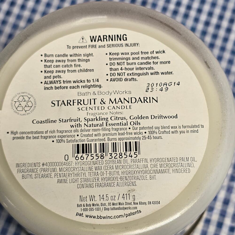 BBW Starfruit & Mandarin Large 3 Wick Candle Decorative Lid Home Fragrance Decor - Picture 2 of 2